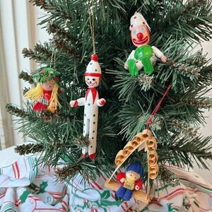 Vintage Wooden & Felt Christmas Ornaments Set of 4 Clowns, Girl, Swing Boy